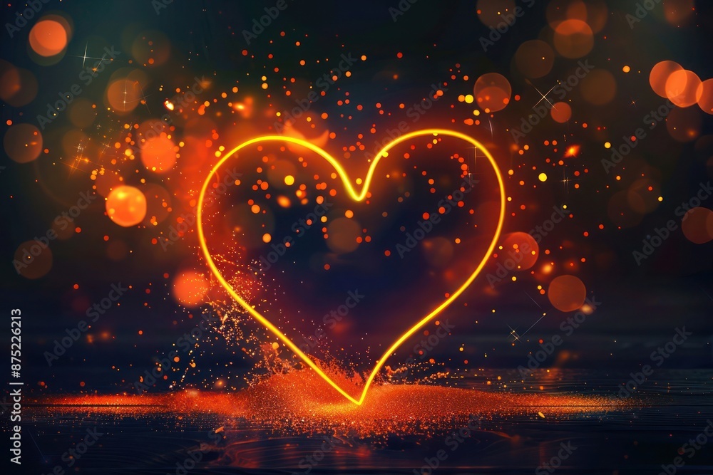 A neon orange heart with a flickering effect, set against a dark background with bokeh A neon orange heart with a flickering effect, set against a dark background with bokeh
