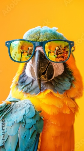 Humorous Studio Portrait of a Parrot Wearing Sunglasses, Capturing the Quirky and Fun Personality of the Bird, Perfect for Pet Lovers and Humorous Themes photo