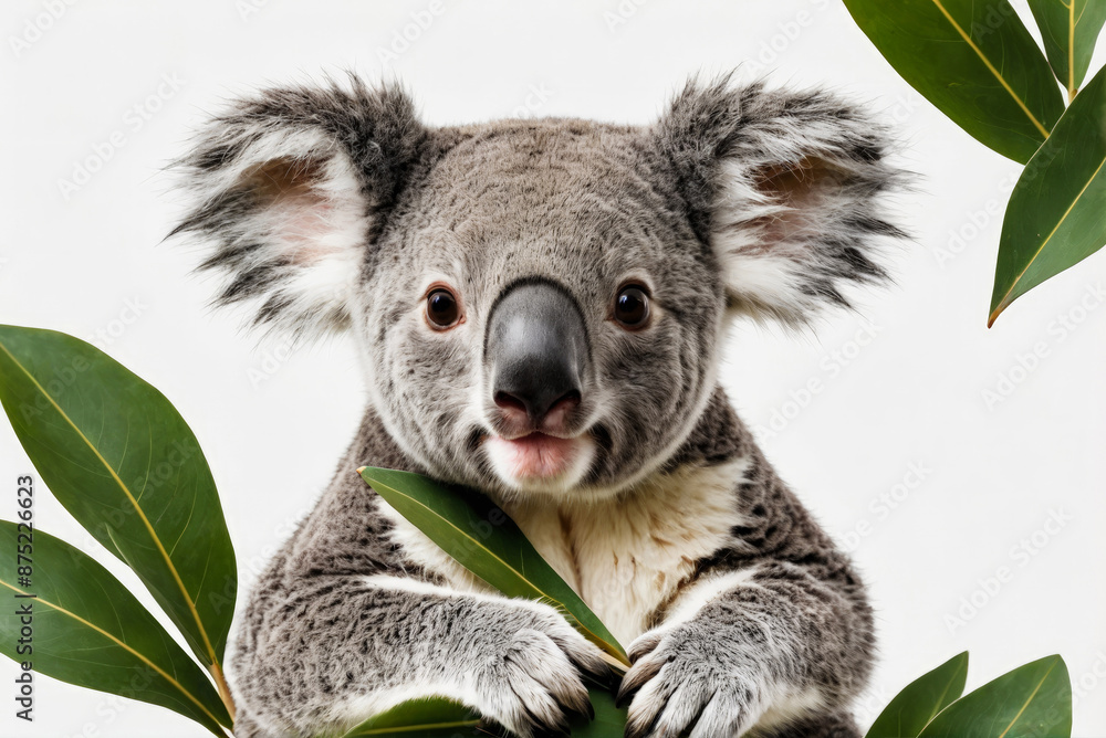 Naklejka premium Cute koala surrounded by eucalyptus leaves on white background. 3D composition. Captures essence of koala's tranquil lifestyle in wild.
