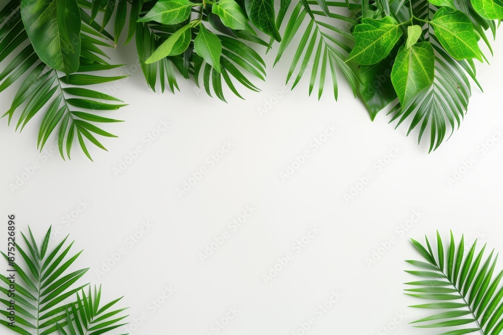 Tropical green leaves frame on a white background. Perfect for nature-themed designs, backgrounds, and presentations. Tropical green leaves frame on a white background. Perfect for nature-themed designs, backgrounds, and presentations.
