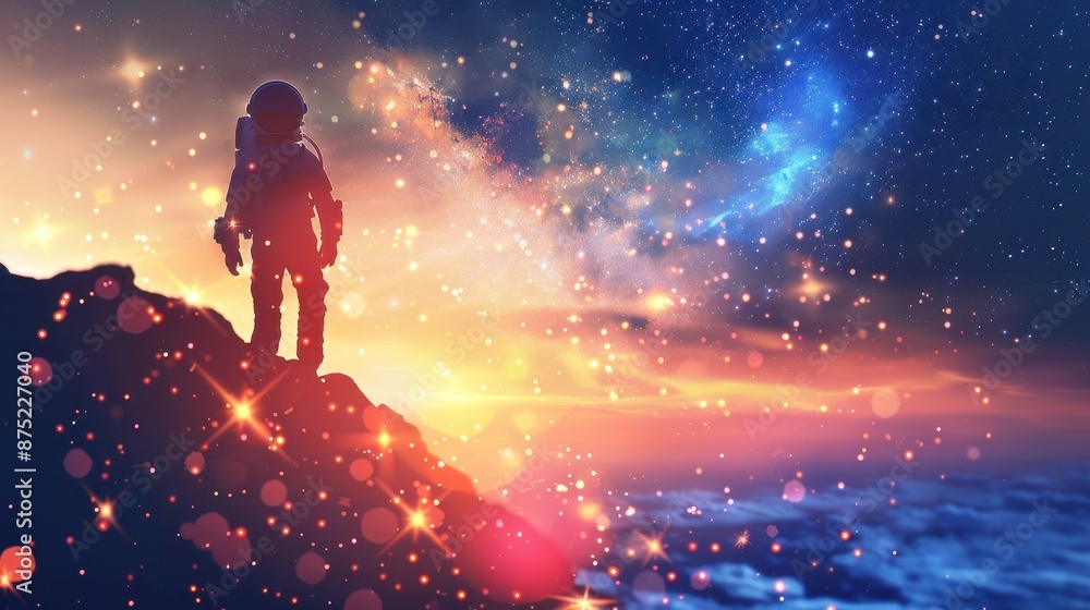 Obraz premium Silhouette of an astronaut standing on a cliff against a starry, colorful galaxy, symbolizing exploration and the mysteries of the universe.