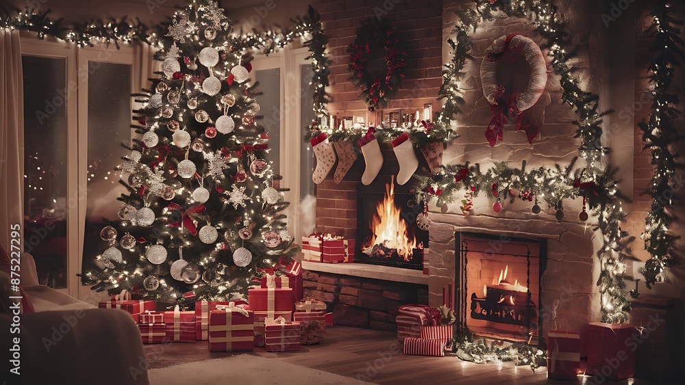 Christmas Tree Fireplace Lights, Decorated Xmas Living Room, Night Interior Christmas Tree Fireplace Lights, Decorated Xmas Living Room, Night Interior