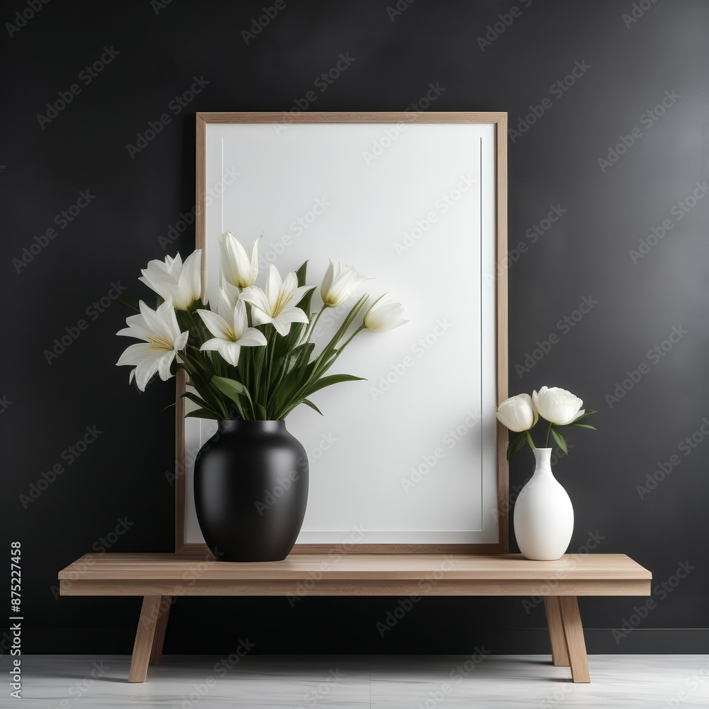 Dark exhibition room interior with wooden dresser and art decoration, front view, grey concrete floor. Mock up poster on grey wall. 3D rendering Dark exhibition room interior with wooden dresser and art decoration, front view, grey concrete floor. Mock up poster on grey wall. 3D rendering
