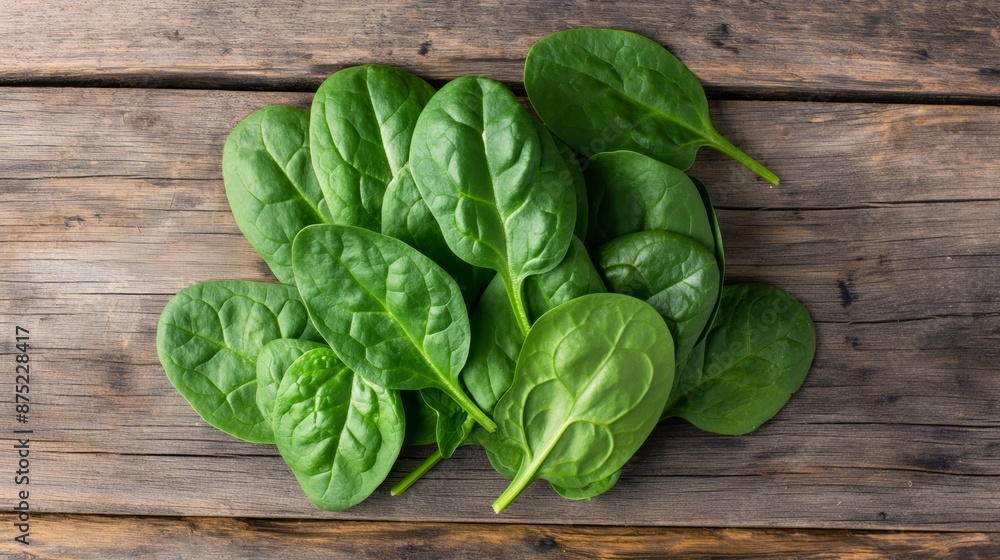 A high-resolution photo of fresh spinach leaves on a wooden surface A high-resolution photo of fresh spinach leaves on a wooden surface