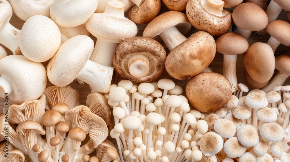 A beautiful photo of an assortment of mushrooms, including shiitake and button mushrooms A beautiful photo of an assortment of mushrooms, including shiitake and button mushrooms