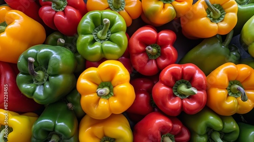 A detailed photo of colorful bell peppers arranged beautifully