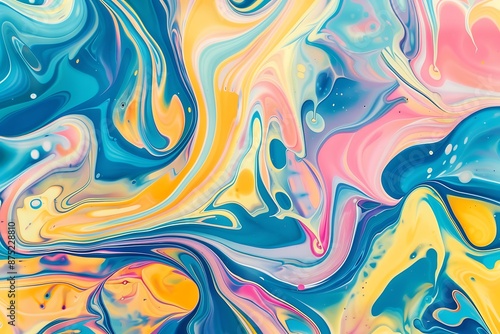 Colorful swirls of liquid paint forming intricate patterns on an abstract background, featuring shades like blue, yellow, pink, and orange.