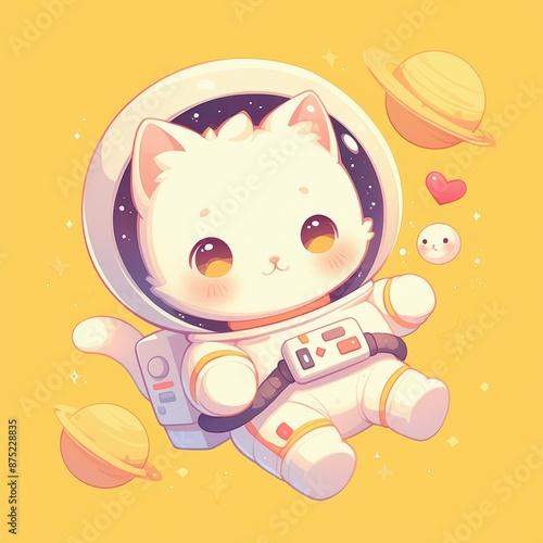 Cute cartoon cat astronaut floating in space with planets and stars photo