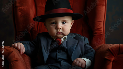 Funny cute baby in mafia gangster costume. Baby wearing hat and suit isolated on dark background.