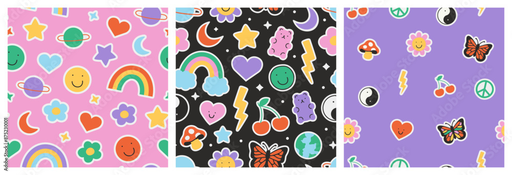 Fun retro cartoon sticker seamless pattern set. Trendy 90s doodle icon background with flower, happy face and butterfly. Colorful vintage groovy art label wallpaper, cool emoticon symbol print. Fun retro cartoon sticker seamless pattern set. Trendy 90s doodle icon background with flower, happy face and butterfly. Colorful vintage groovy art label wallpaper, cool emoticon symbol print.