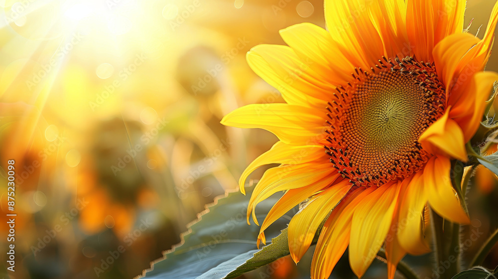 Naklejka premium A beautiful, true-to-life photo of a sunflower up close. It shows the bright yellow petals and the detailed center of the flower.