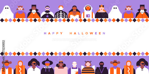 Happy halloween web template illustration with diverse people in costume. Funny geometric flat cartoon character crowd online banner. Party invitation, internet holiday event design. 