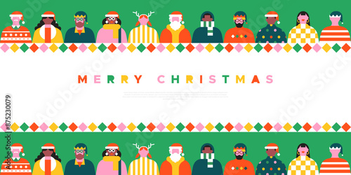 Diverse christmas people web template illustration. Colorful xmas party celebration flat cartoon invitation banner. Geometric style funny winter season group, holiday character greeting card.