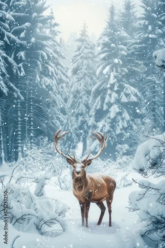 Deer stag in the winter magic snowy forest. Reindeer in the wild landscape banner. Noble animal and magic lights. Fairytale scene of wild nature for wallpaper, Christmas card, holiday background
