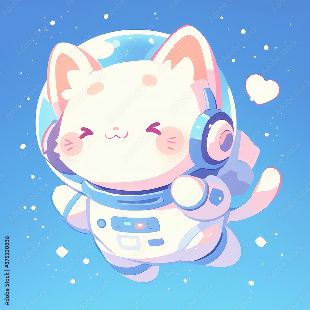 Kawaii Cat Astronaut in Space Wearing Headphones and Waving Kawaii Cat Astronaut in Space Wearing Headphones and Waving