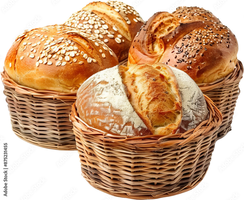 A variety of freshly baked bread loaves in wicker baskets. A variety of freshly baked bread loaves in wicker baskets.