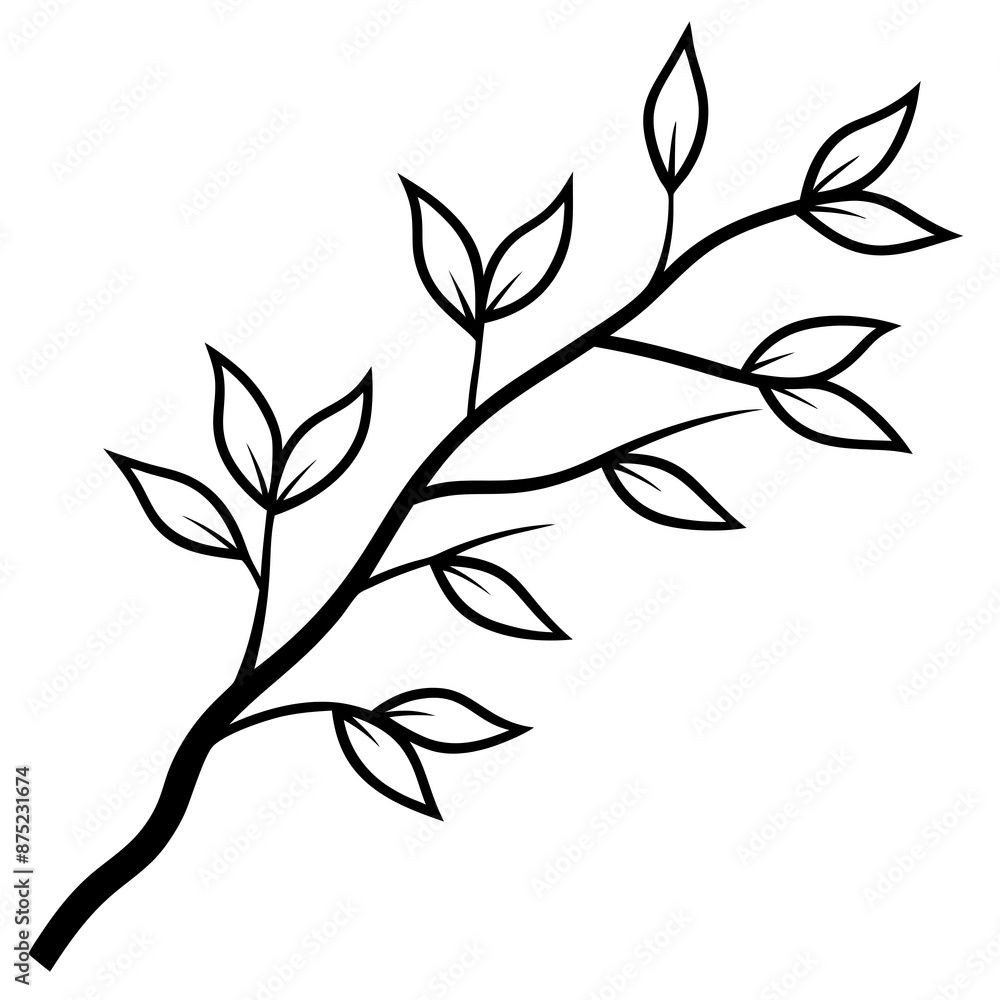 Black and White Illustration of a Branch with Leaves Black and White Illustration of a Branch with Leaves
