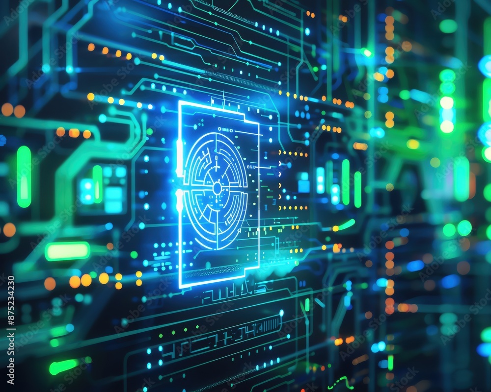 Abstract digital circuit board with glowing blue security symbol. Cybersecurity, technology, and data protection concept. Abstract digital circuit board with glowing blue security symbol. Cybersecurity, technology, and data protection concept.