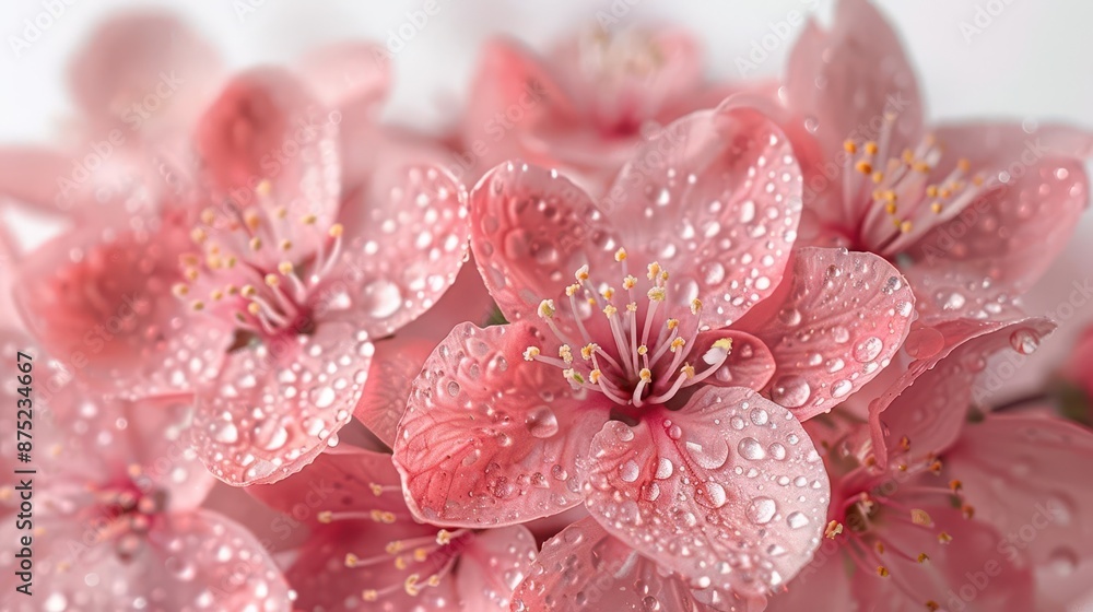 A close-up of pink flowers with dew drops on a white background, showcasing their vibrant colors and delicate intricacies. A close-up of pink flowers with dew drops on a white background, showcasing their vibrant colors and delicate intricacies.