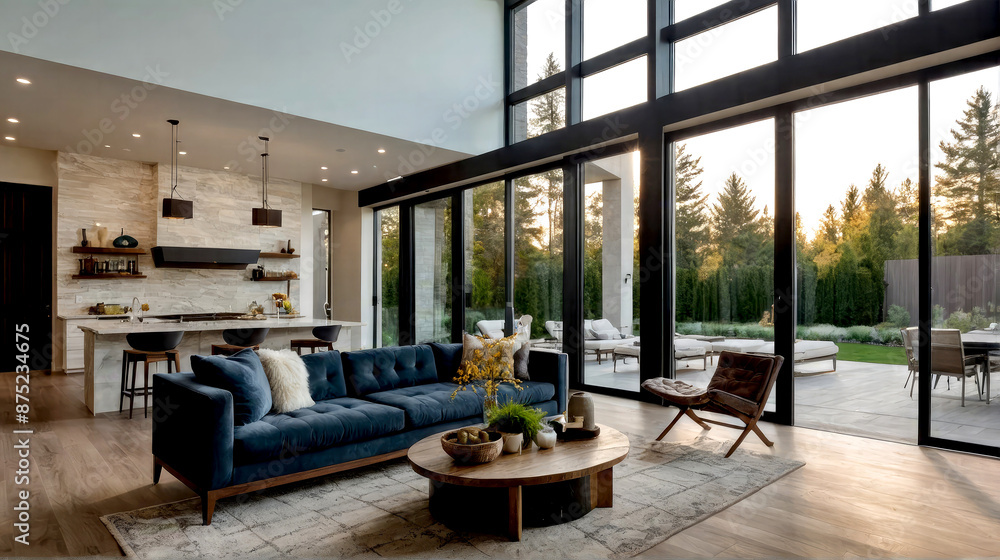 custom made wallpaper toronto digitalBeautiful living room interior in new luxury home with open concept floor plan. Shows kitchen, dining room, and wall of windows with amazing exterior.