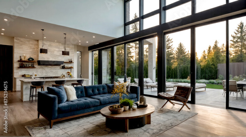 Wallpaper Mural Beautiful living room interior in new luxury home with open concept floor plan. Shows kitchen, dining room, and wall of windows with amazing exterior. Torontodigital.ca