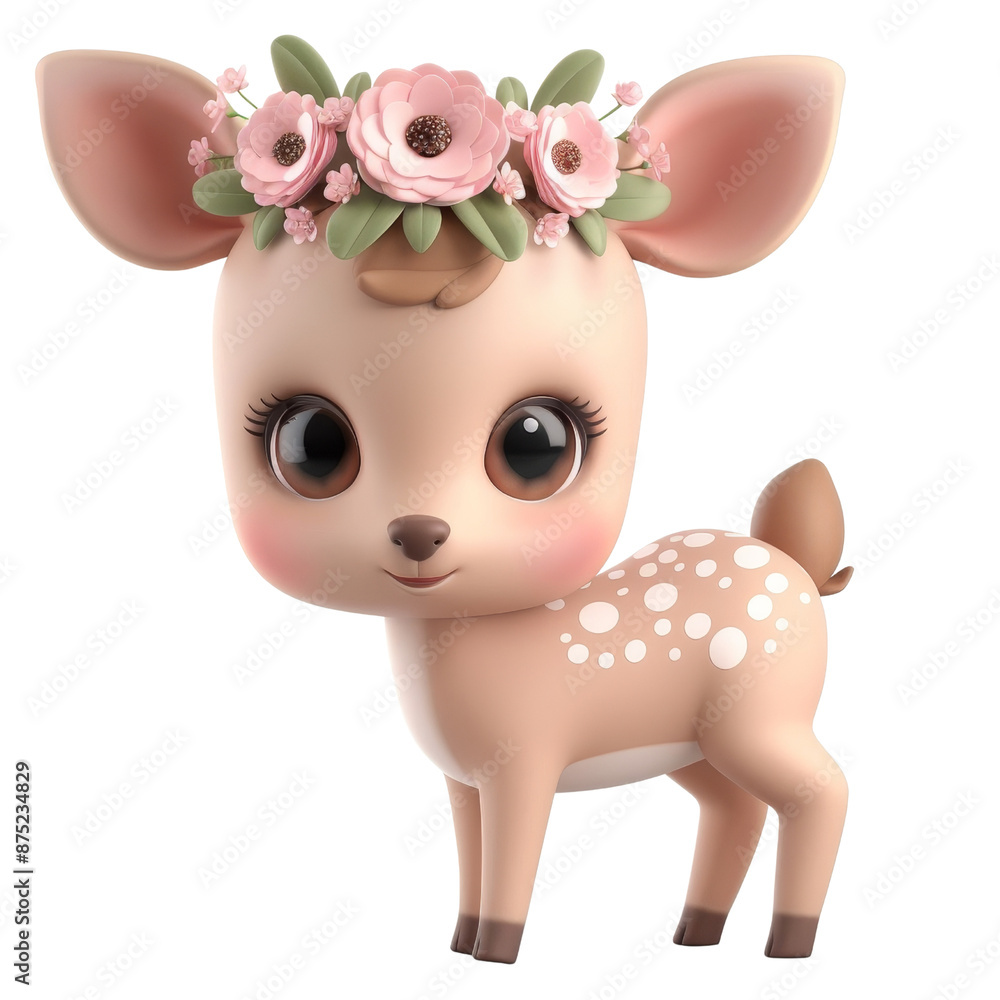 3D cartoon cute baby deer with pink flower crown standing on transparent background clipart 3D cartoon cute baby deer with pink flower crown standing on transparent background clipart