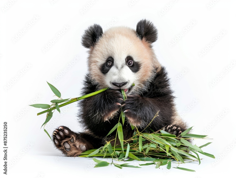Naklejka premium a Giant Panda sitting and eating bamboo on a pure white background