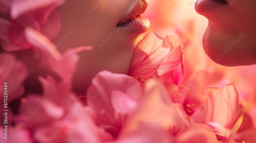 A close-up image capturing the delicate touch of flower petals meeting in a gentle kiss, symbolizing the beauty of love and connection on World Kissing Day, presented in A close-up image capturing the delicate touch of flower petals meeting in a gentle kiss, symbolizing the beauty of love and connection on World Kissing Day, presented in