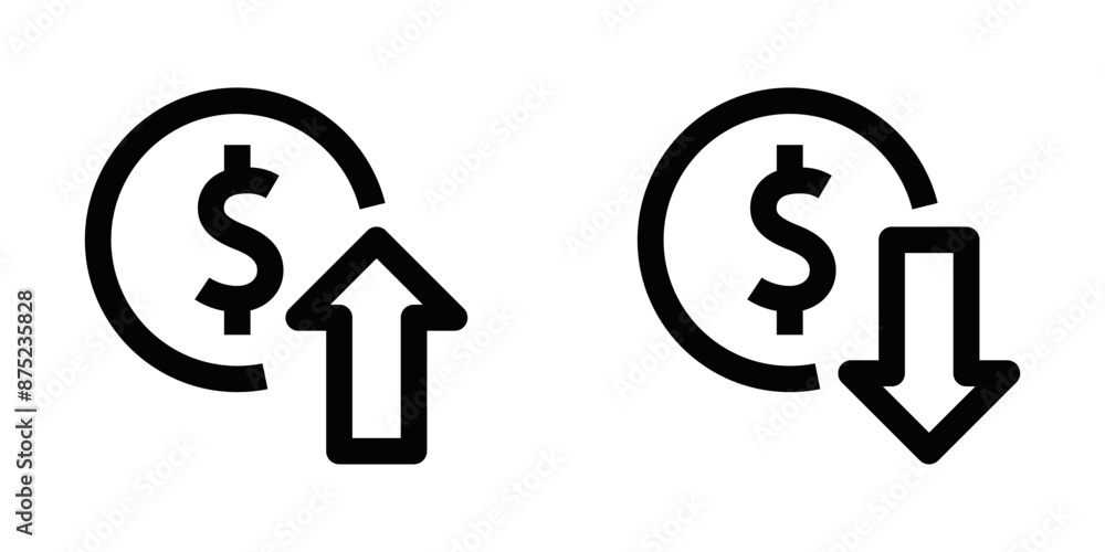 Vector illustration of financial arrow icons indicating up and down trends in black and white. Dollar symbol. Editable stroke. Vector illustration of financial arrow icons indicating up and down trends in black and white. Dollar symbol. Editable stroke.