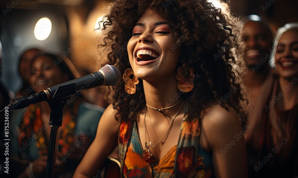 Woman Singing Into Microphone in Front of Audience Woman Singing Into Microphone in Front of Audience