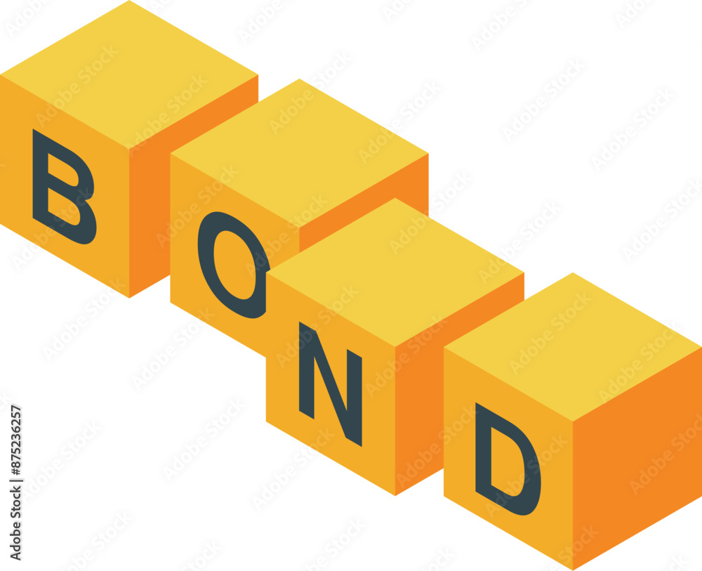 Four yellow isometric letter blocks forming the word bond Four yellow isometric letter blocks forming the word bond