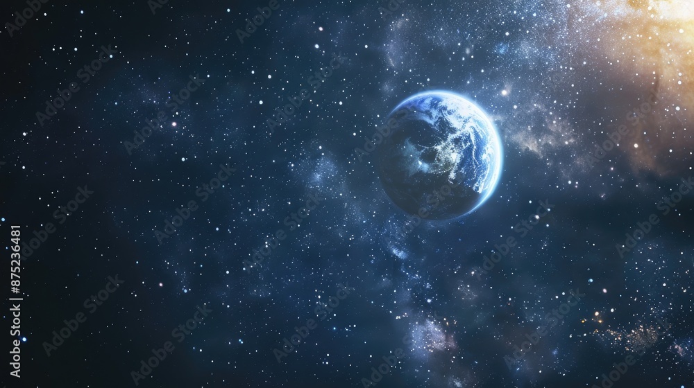 Stars shining in space Earth and its moon Background of a galaxy