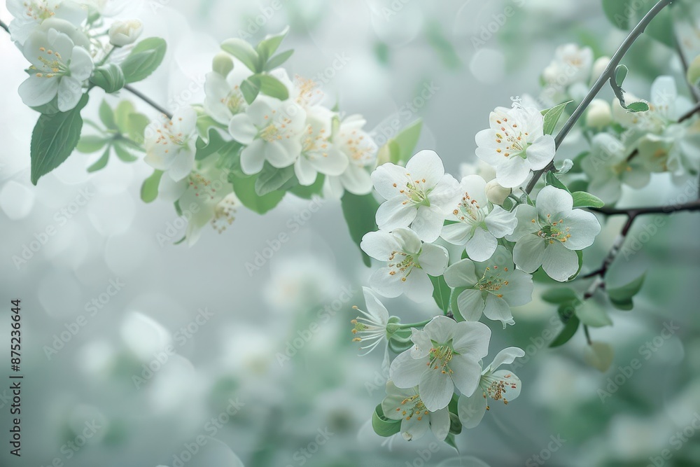 Soft white flowers with green leaves and branches, evoking a serene and tranquil atmosphere. Soft white flowers with green leaves and branches, evoking a serene and tranquil atmosphere.