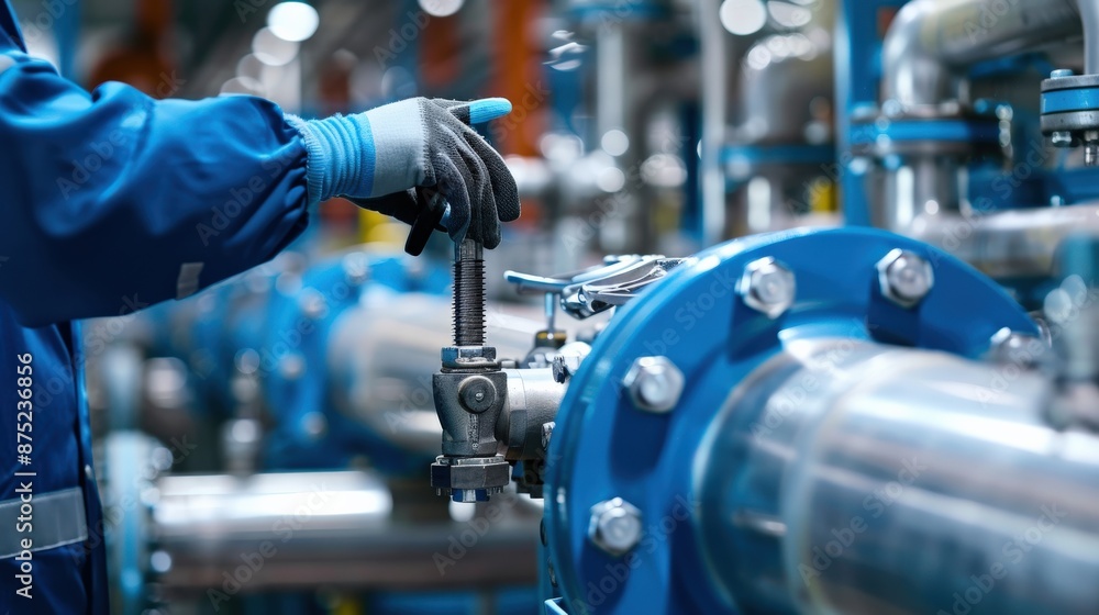Fototapeta premium Close-up of a worker's hand adjusting valves in a chemical plant