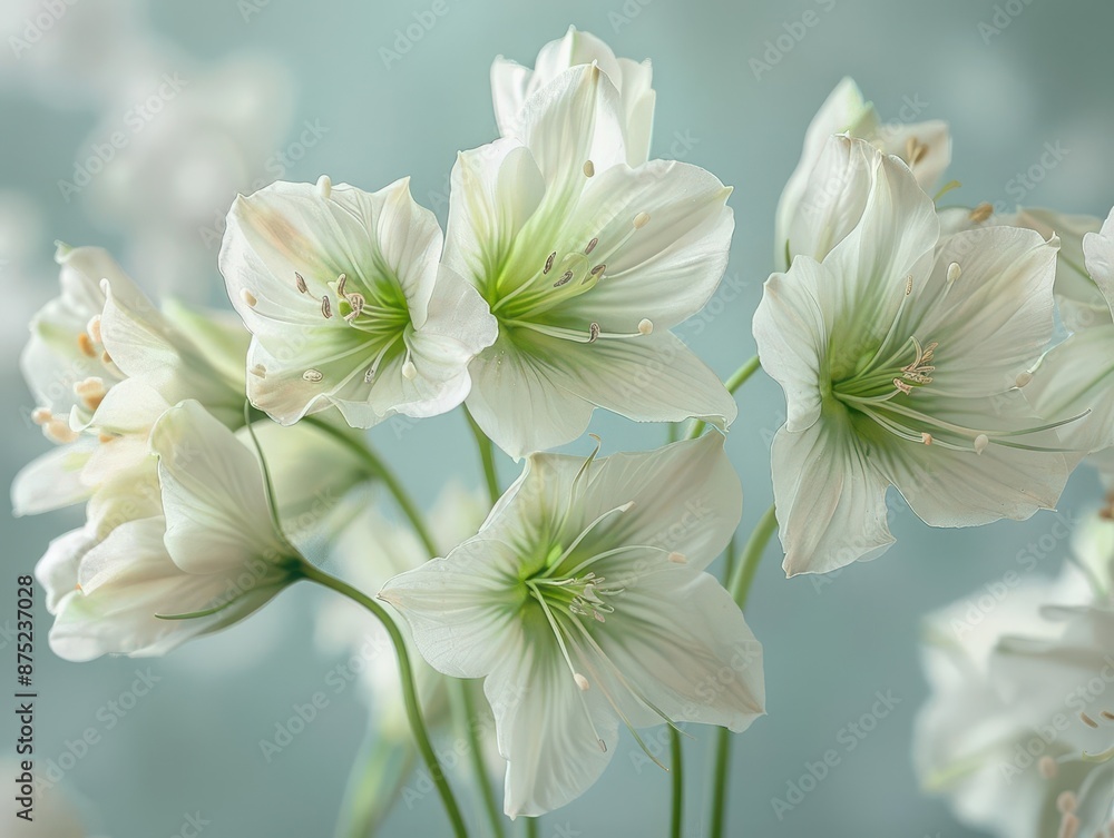 Obraz premium Arranged in a simple and elegant style, white flowers with delicate green accents stand out against a soft, light background.