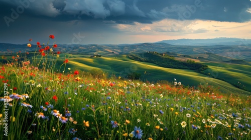 A sweeping vista of rolling hills covered in vibrant wildflowers during spring, with a distant stormy sky creating a dramatic backdrop.