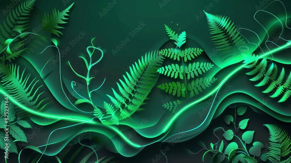 An organic cut work design featuring abstract ferns and foliage, lit by vibrant green neon lights that trace a natural, flowing pattern across a dark emerald background. An organic cut work design featuring abstract ferns and foliage, lit by vibrant green neon lights that trace a natural, flowing pattern across a dark emerald background.