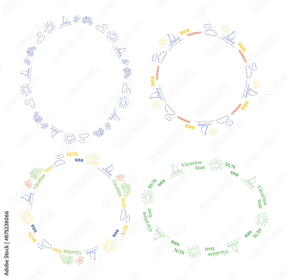 ornamental frames with sailboat and sun. set of design elements. summer vacations. ornamental frames with sailboat and sun. set of design elements. summer vacations.