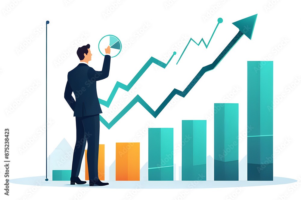 A business-oriented vector illustration of a successful businessman analyzing an ascending growth chart, isolated on a transparent background. Perfect for projects focused on business success, financi