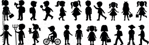 kids silhouette set, children vector illustration, playful child, kid  in black and white, boys and girls, child activities, digital art, fun designs, educational resources vector graphics