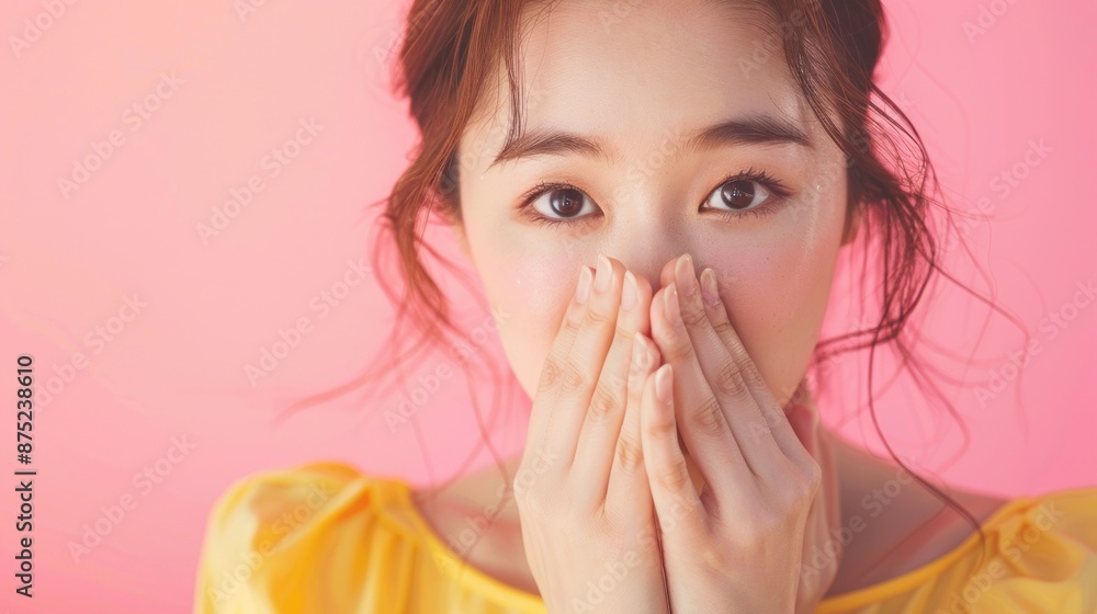 Close-up of a cute Korean woman looking shy with hands covering mouth, wearing a yellow top, standing in front of a pink background, Portrait close-up, hyper-realistic, high detail, photorealistic, Close-up of a cute Korean woman looking shy with hands covering mouth, wearing a yellow top, standing in front of a pink background, Portrait close-up, hyper-realistic, high detail, photorealistic,
