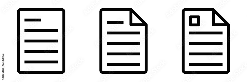 Vector icons of documents with various layouts, ideal for representing files, paperwork, or digital documents. Simple black and white design. Editable stroke. Vector icons of documents with various layouts, ideal for representing files, paperwork, or digital documents. Simple black and white design. Editable stroke.