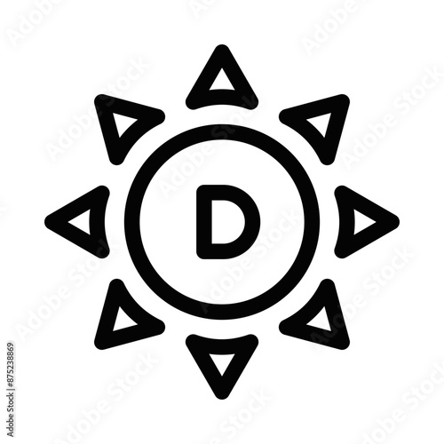 Vector icon of a sun with the letter D, representing vitamin D and sunlight. Simple black and white design, ideal for health-related themes. Editable stroke.