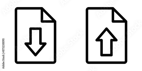 Vector icons of documents with upload and download arrows, representing file transfers. Simple black and white design. Editable stroke.
