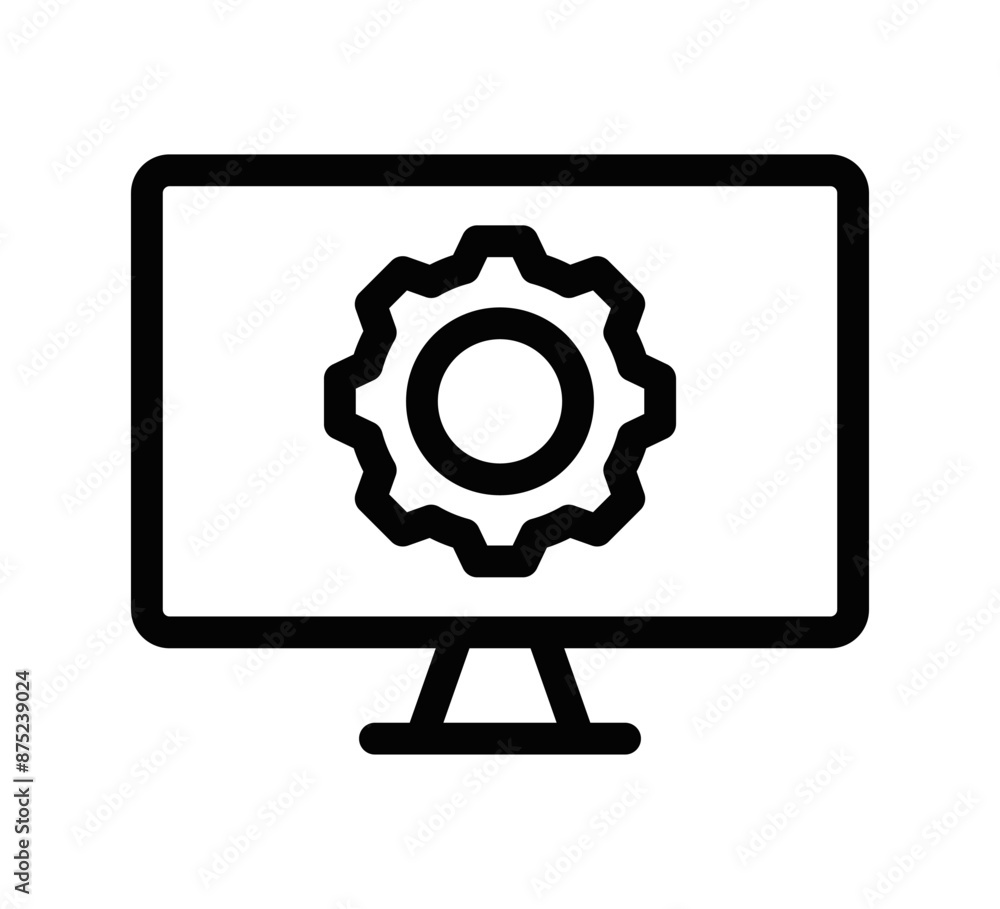 Vector icon of a computer monitor displaying a gear, representing settings and configuration. Simple black and white design. Editable stroke. Vector icon of a computer monitor displaying a gear, representing settings and configuration. Simple black and white design. Editable stroke.