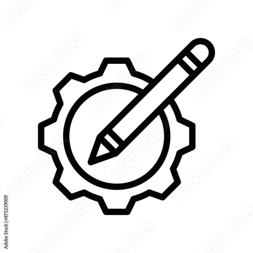 Vector icon of a pencil inside a gear, symbolizing design and engineering. Simple black and white design. Editable stroke.