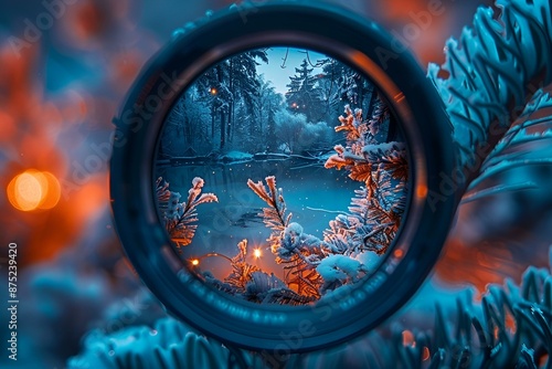 Circular lens displaying a peaceful snowy scene with snowflakes