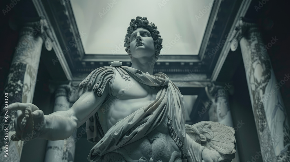 Fototapeta premium Majestic Apollo statue against cloudy sky, blending art, beauty and spirituality