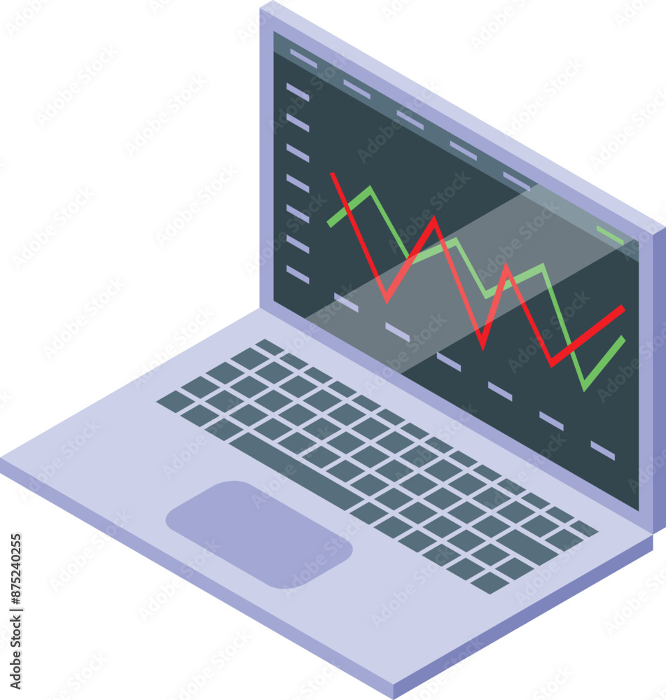 Laptop displaying a stock market data chart with green and red lines, representing market fluctuations Laptop displaying a stock market data chart with green and red lines, representing market fluctuations