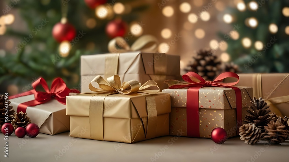 Gift boxes and pine cones and branches on the christmas and new year background Gift boxes and pine cones and branches on the christmas and new year background
